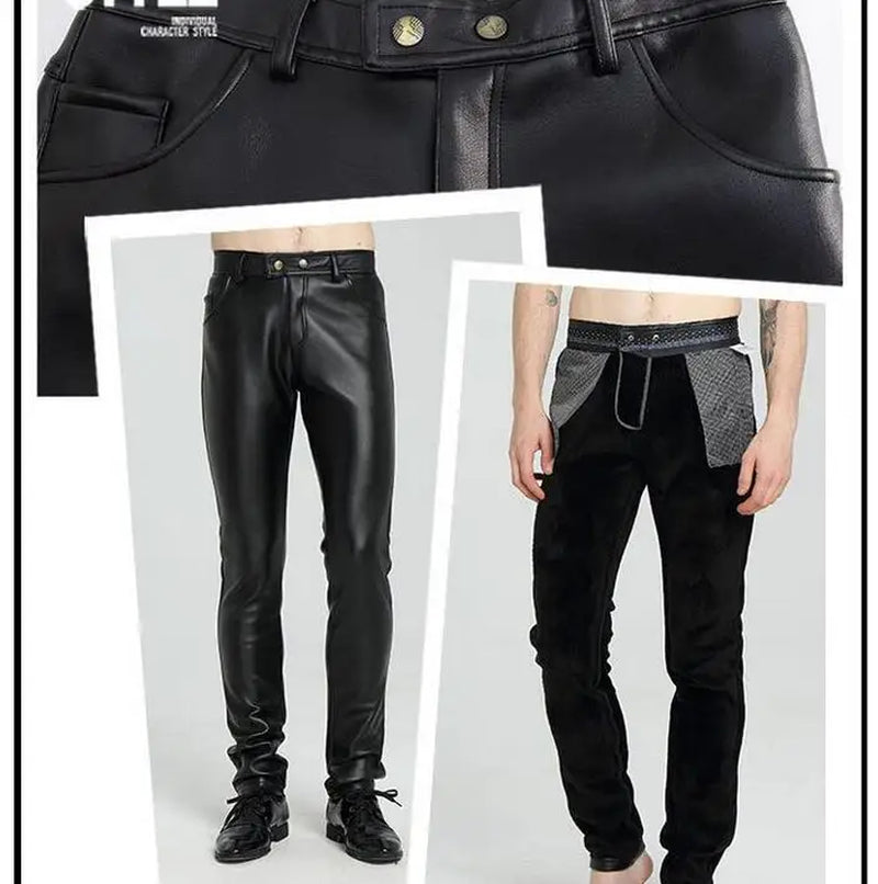 Teenage Velvet Thicken Mens Leather Trousers Patchwork Slim Personality Motorcycle Faux Leather Pants Mens Autumn Winter