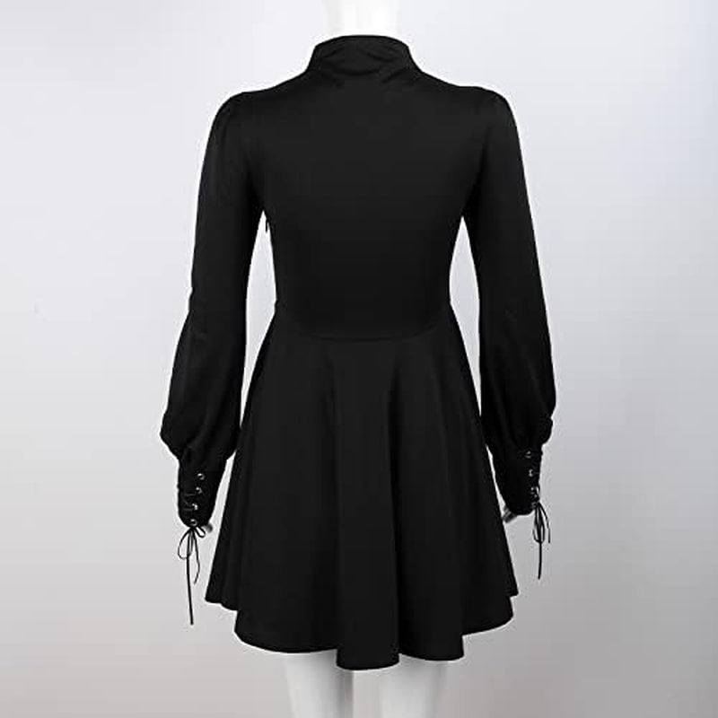 Gothic Ins Retro Tie Long-Sleeved Dark Tie round Neck Button Waist Thin A-Line Pleated Dress Female Prom Dress