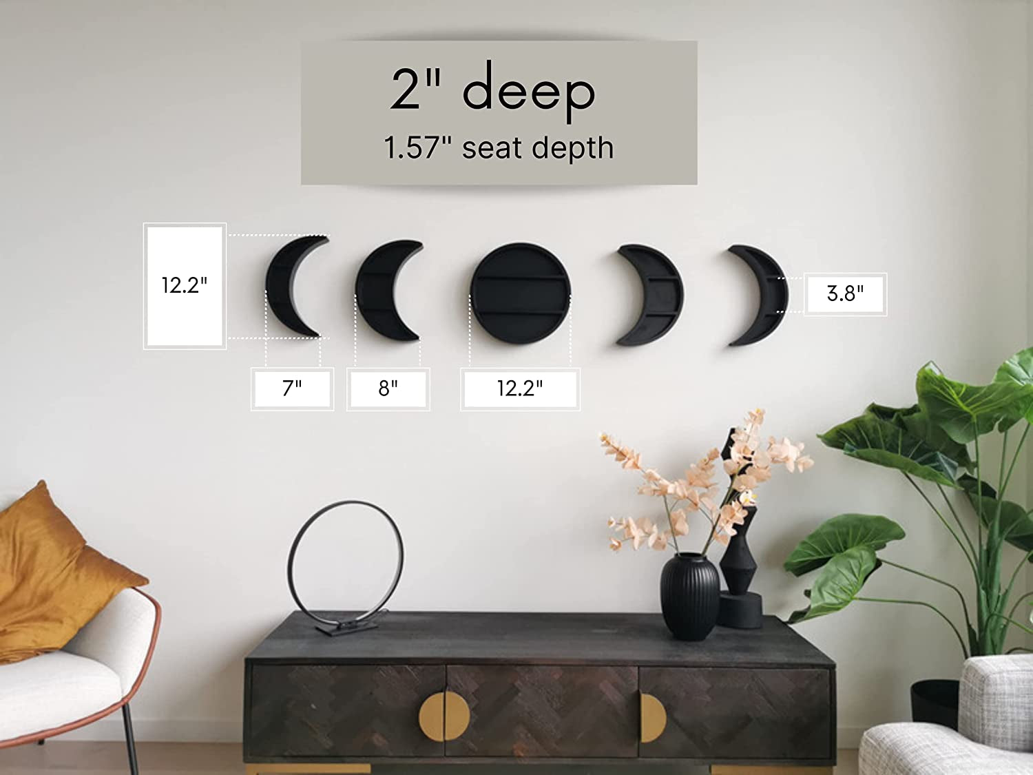 5 Pieces 12.2" Moon Phase Shelf Set - Phases of the Moon Wall Decor - Crescent Moon Shelf for Crystals - Moon Phase Wall Decor Crystal Shelf Display - above Bed Wall Decor Bedroom Storage (Black)