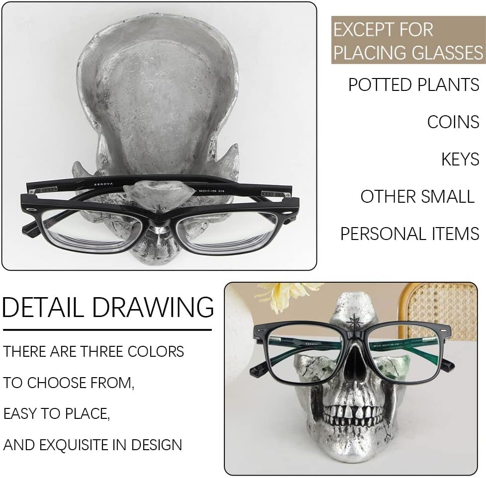 Skull Glasses Stand Holder, Creative Eyeglasses Holder, Sunglasses Spectacle Display Rack, Key Holder Resin Sculptures for Entryway, Home, Office, Desk, Nightstand (Silver)