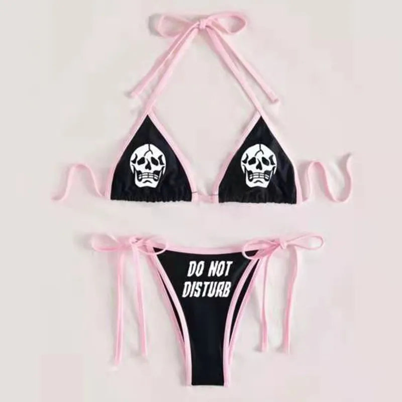 High Waist Sleeveless Gothic Emo Swimsuit Strap Beachwear Sexy Goth Women Two-Piece Skull Print Bikini Suit Split Bathing Suit