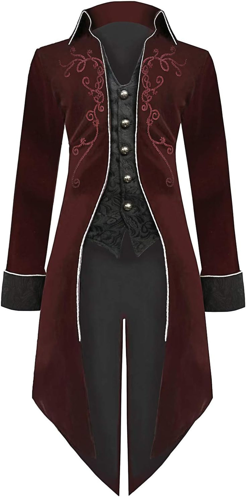 Men'S Gothic Tailcoat Victorian Costume Steampunk Jacket, Renaissance Pirate Vampire Frock Velvet Coat for Halloween(Wine Red,Xxxl)