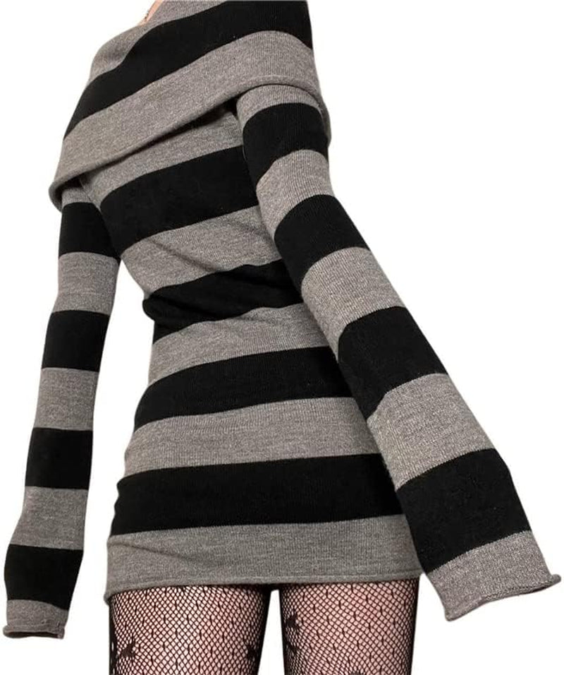 Women Gothic Dress Punk off Shoulder Striped Knit Dress Y2K Fairy Grunge Dress Halloween Dark Academia Clothes