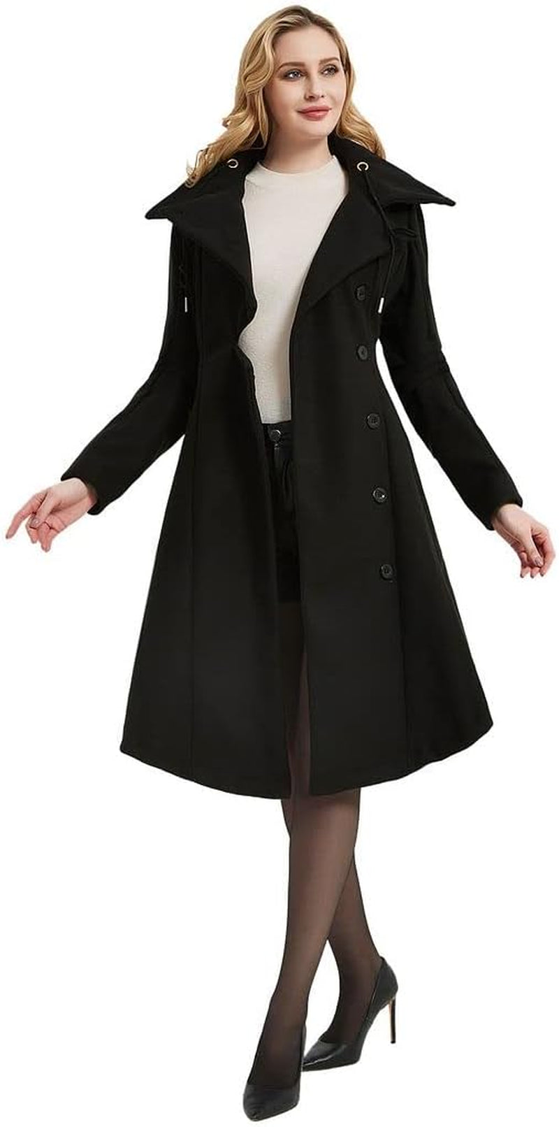 Women'S Trench Coat Goth Wool Blend Pea Jacket Victorian Long Fitted Trenchcoat Hood Winter Steam Punk Lapel Outwear