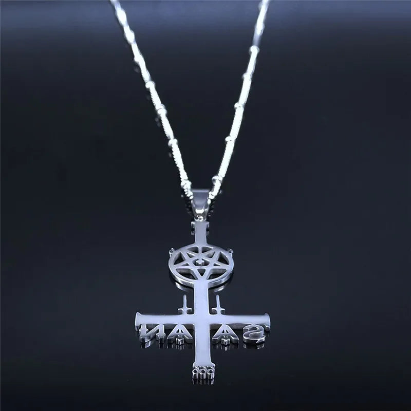 Inverted Pentagram Cross Satan Necklaces Pentacle Stainless Steel Charm Women Silver Color Necklace Jewelry Cruz Invertida N3821