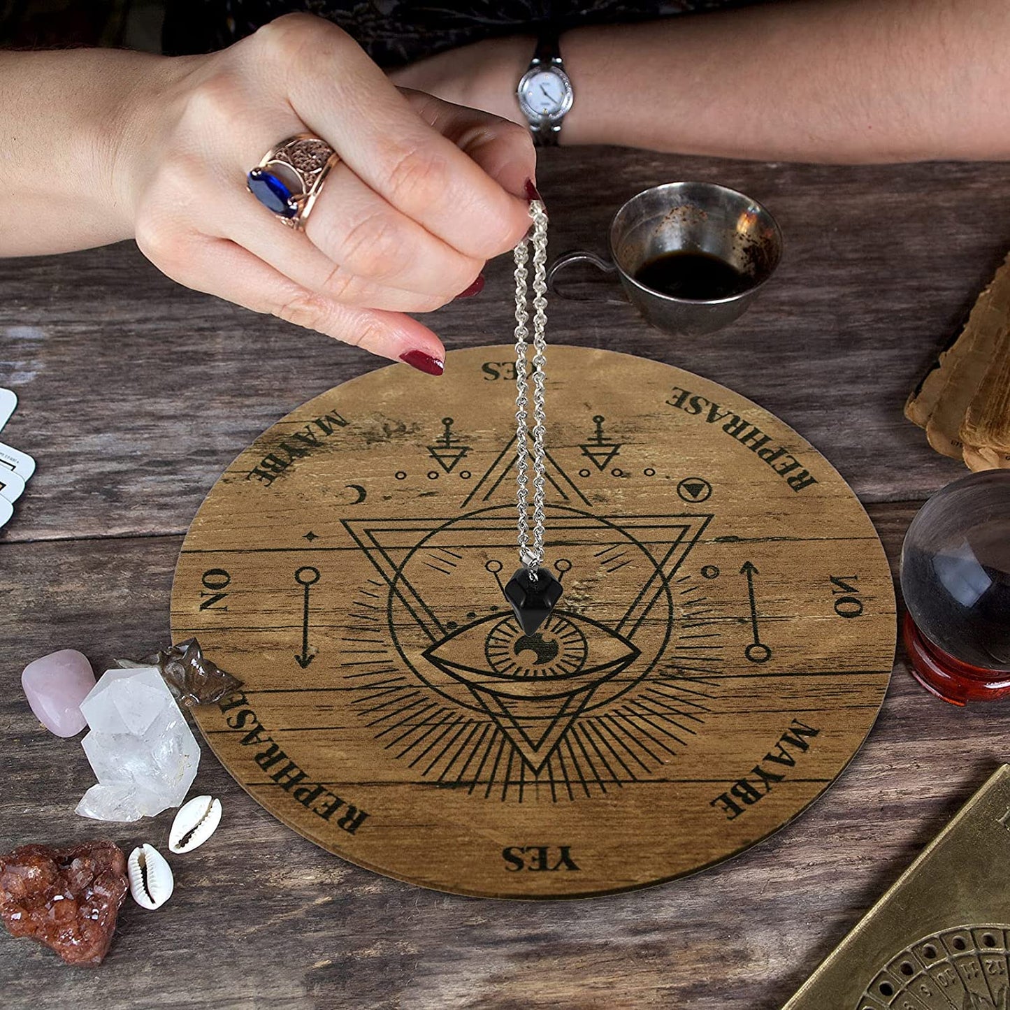 Wooden Pendulum Board Dowsing Divination Pendulum Witchcraft Altar Supplies with Crystal Necklace and Wooden Pendulum Board Metaphysical Message Board Kit, 6 Inch (White)