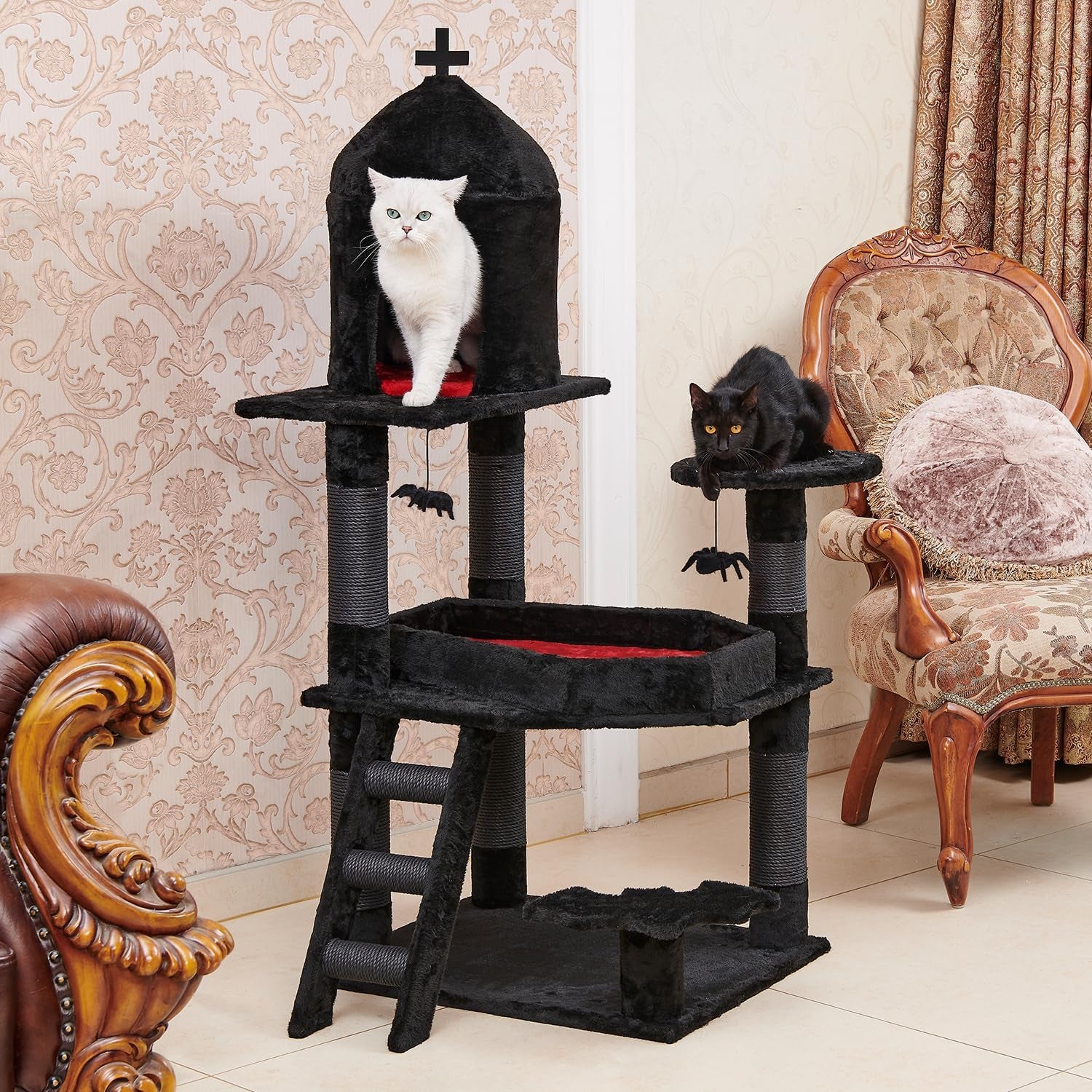 Gothic Cat Tree with Coffin Bed，55" Cat Tower with Spacious Cat Condo，Scratching Posts，Spider Hanging Ball，Multi-Level Cat Activities Furniture for Large Cats, Black Halloween