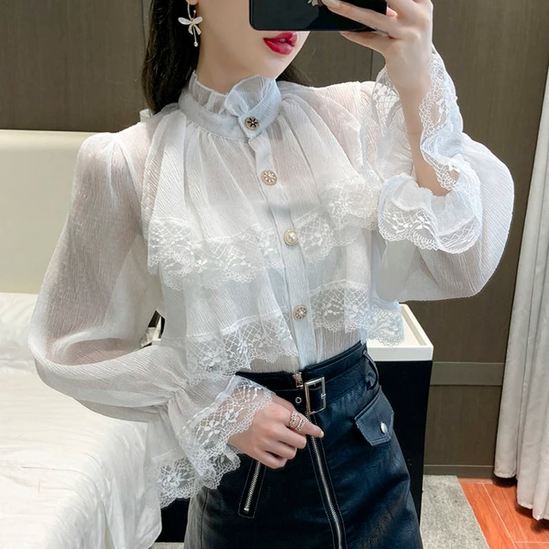 Victorian White Ruffles Stand Collar Lantern Sleeve Medieval Victorian Top Gothic Lolita Blouse Vintage Shirts Women Large Size