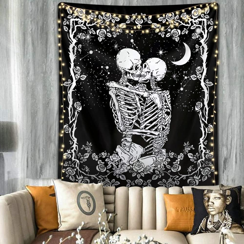 Skull Tapestry for Bedroom Aesthetic Black Skeleton Tapestry Goth Tapestry Halloween Wall Decor Dark Gothic Tapestry Wall Hanging Horror Creepy Spooky Witchy Home Wall Decor 51"X60"