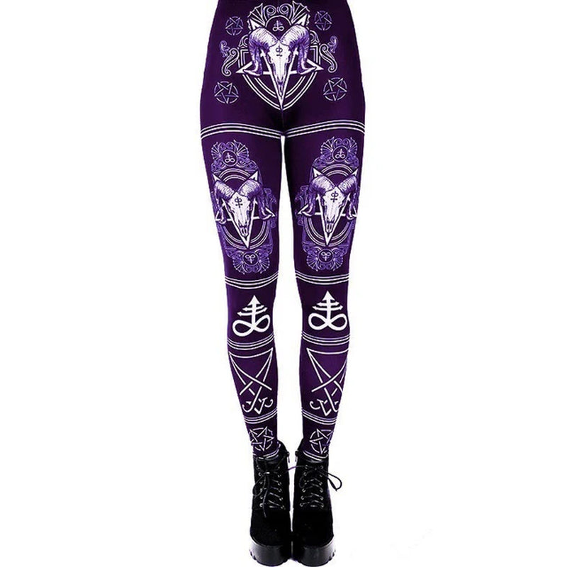 Gothic Ouija Printed Leggings Goat Horn Workout Pants Women Elastic Hexagram Trousers Black Bottoms Female