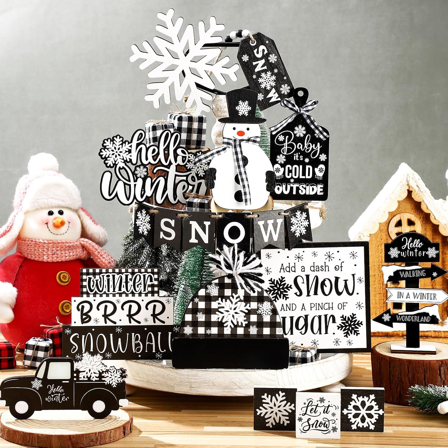 18 Pcs Christmas Tiered Tray Decor Snowman Snowflake Truck Wooden Signs Black and White Buffalo Plaid Christmas Table Decorations Rustic Farmhouse Decor for Home Table Shelf