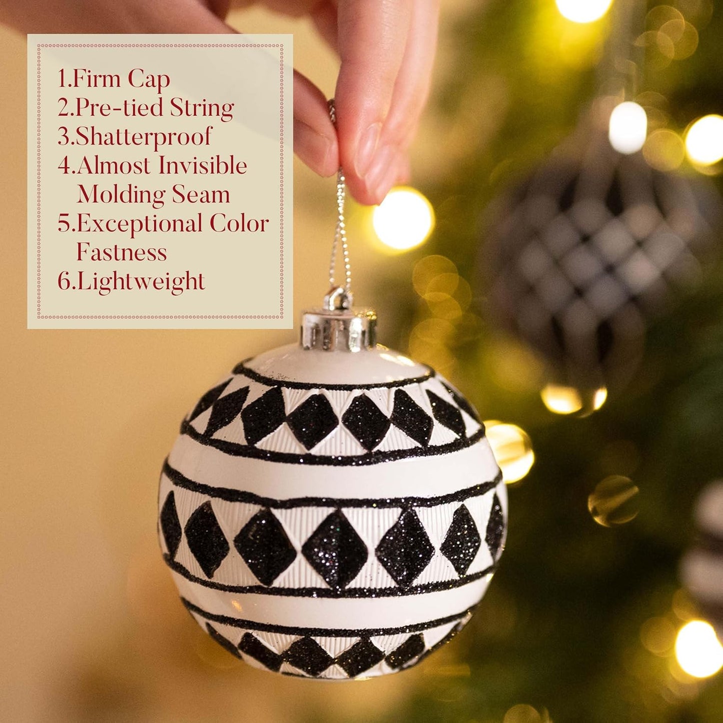 Large Christmas Ornaments Tree Decorations, 16Ct Black White Boho Shatterproof Christmas Ball Ornaments Set, 3.15 Inch Modern Hanging Ornament Bulk for Xmas Holiday Party Decor