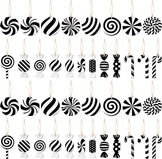 41Pcs Christmas Black White Candy Cane Sugar Wooden Hanging Decoration, Xmas Tree Peppermint Lollipop Ornament Set, Wood Craft Decor Winter Holiday Christmas Party Supplies for Home Fireplaces