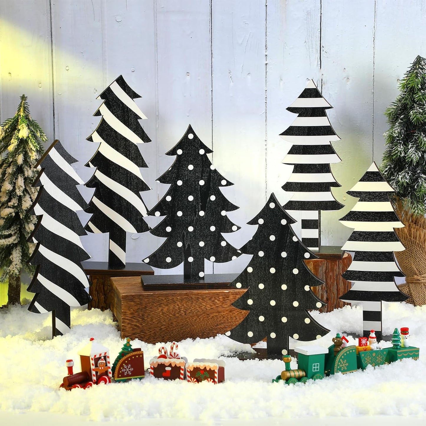 Table Christmas Tree Decorations Farmhouse Black and White Freestanding Handmade Wood Trees Rustic Wooden Christmas Tree Centerpieces for Tabletop Xmas Home Office Holiday Party Decor