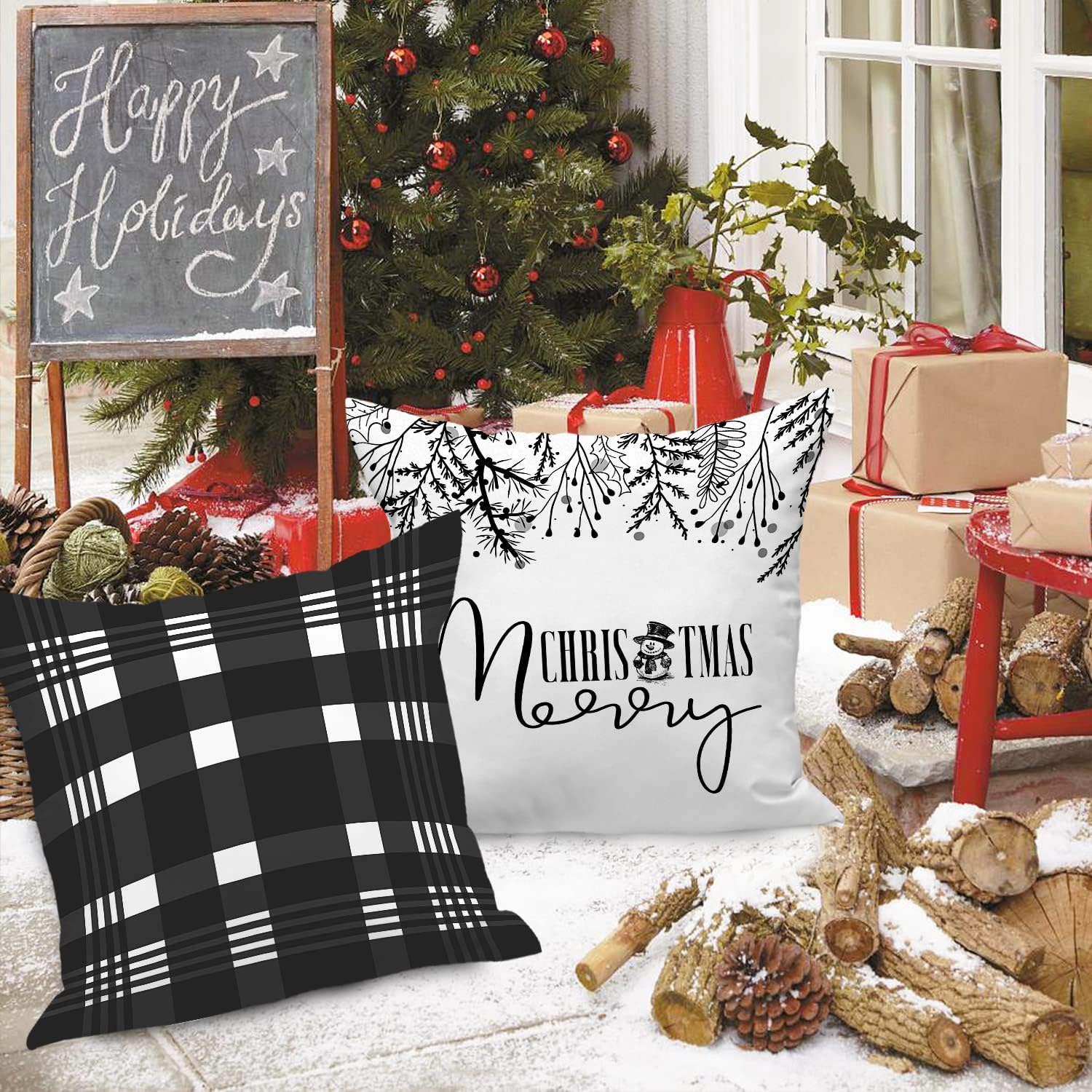 Christmas Throw Pillow Covers 18X18 Set of 4, Decorative Black and White 18 Inch Xmas Holiday Cushion Pillow Cases Home outside Porch Decor Decorations