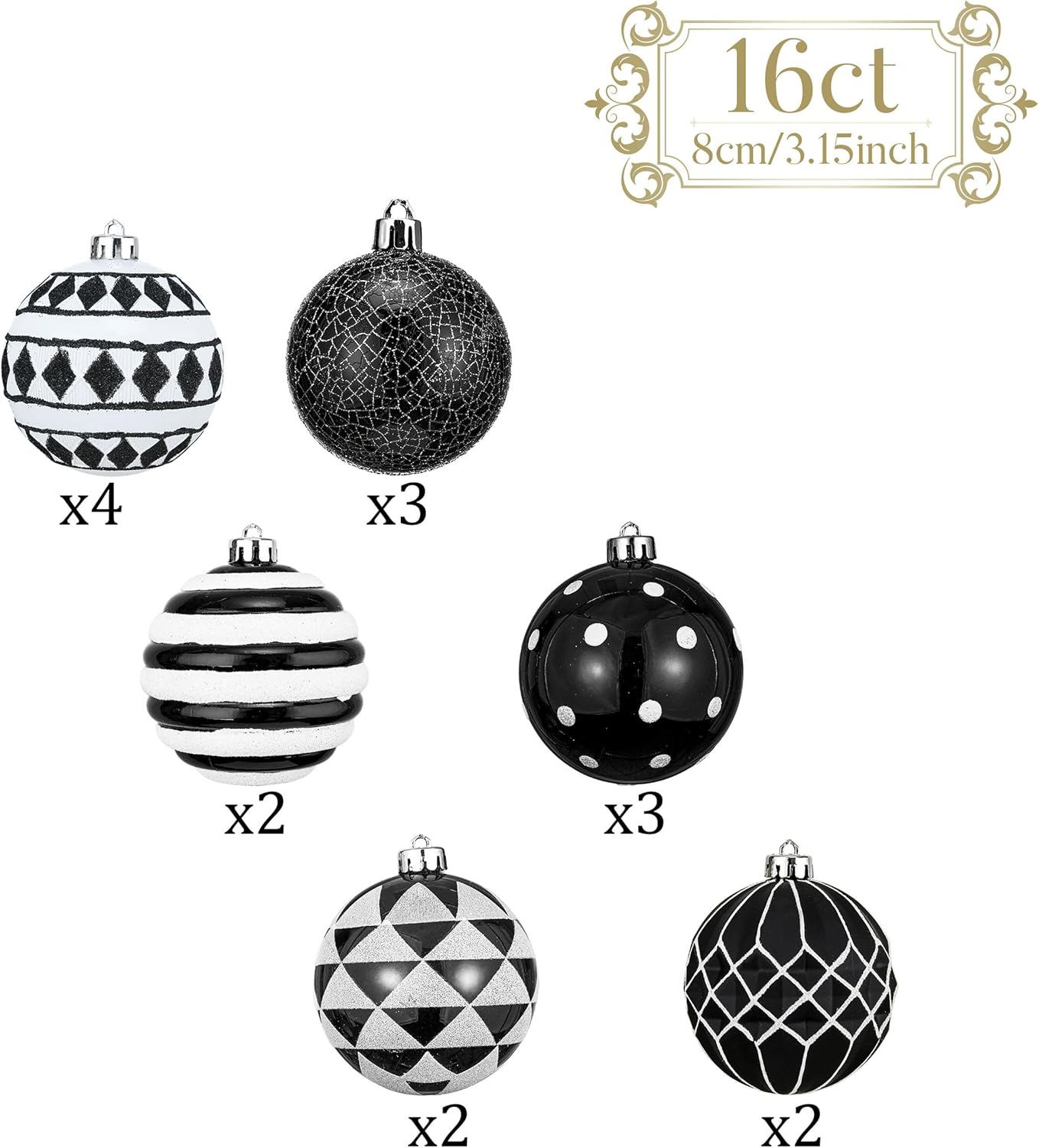 Large Christmas Ornaments Tree Decorations, 16Ct Black White Boho Shatterproof Christmas Ball Ornaments Set, 3.15 Inch Modern Hanging Ornament Bulk for Xmas Holiday Party Decor