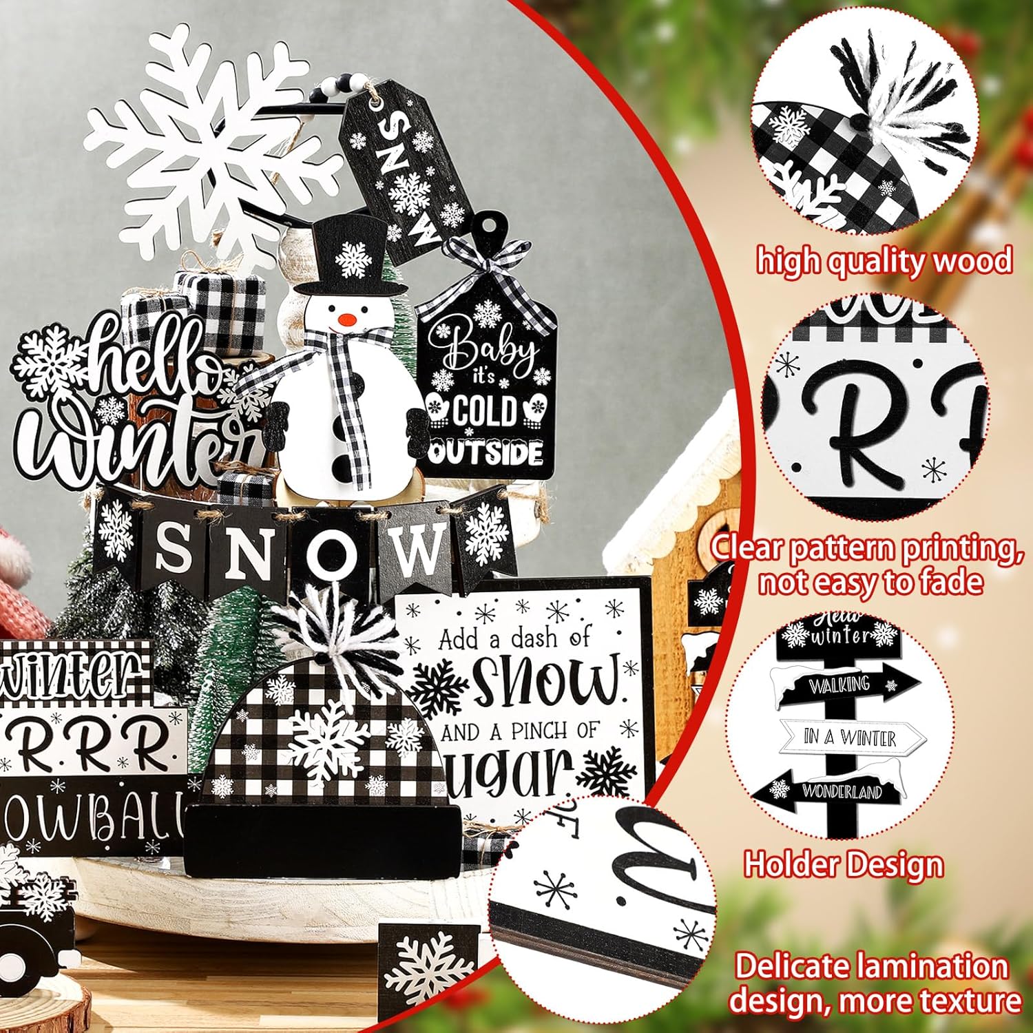 18 Pcs Christmas Tiered Tray Decor Snowman Snowflake Truck Wooden Signs Black and White Buffalo Plaid Christmas Table Decorations Rustic Farmhouse Decor for Home Table Shelf