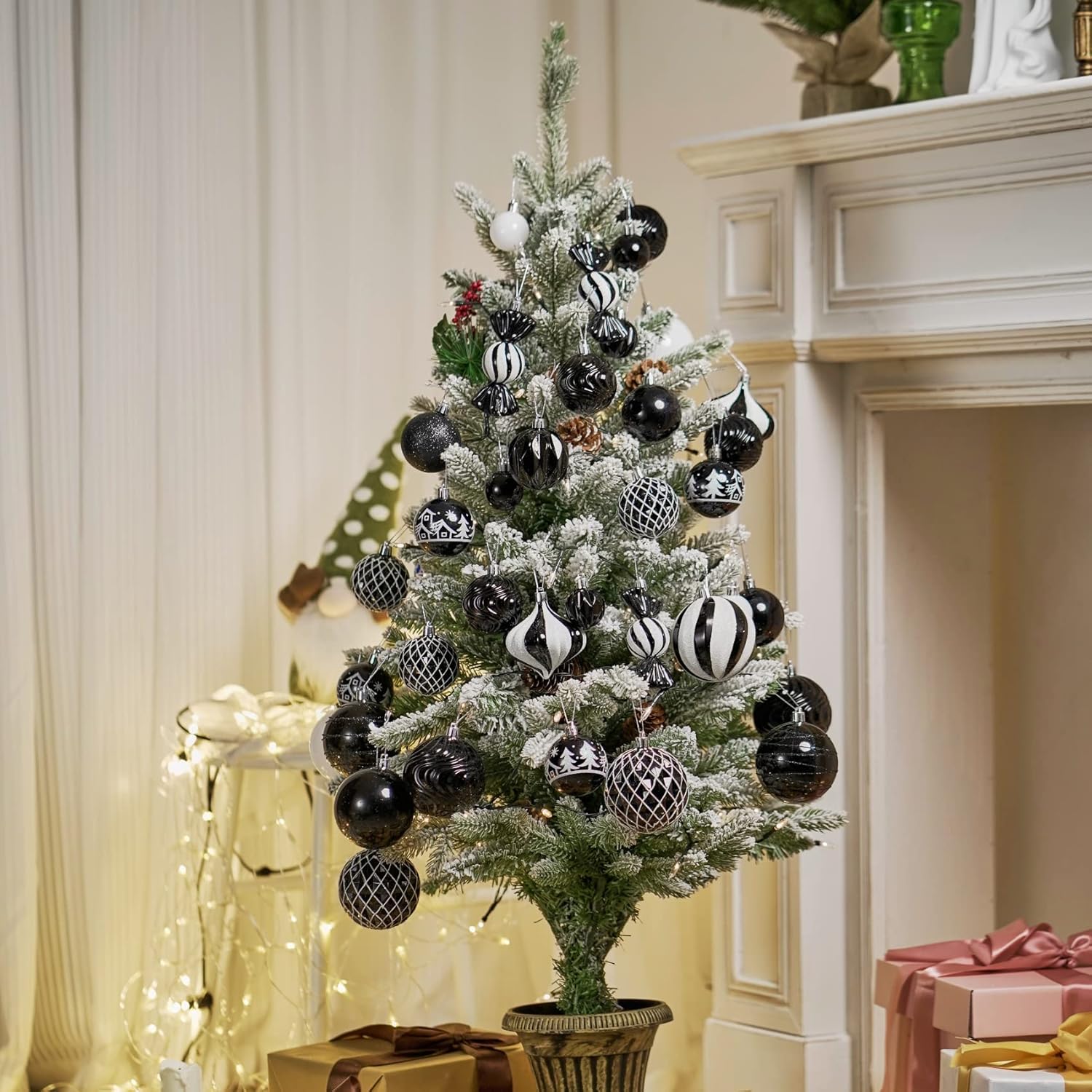 Christmas Ball Ornaments Set Assorted Shatterproof Ornaments 63 PCS Shaped Styles Xmas Tree Holiday Decorative,Black