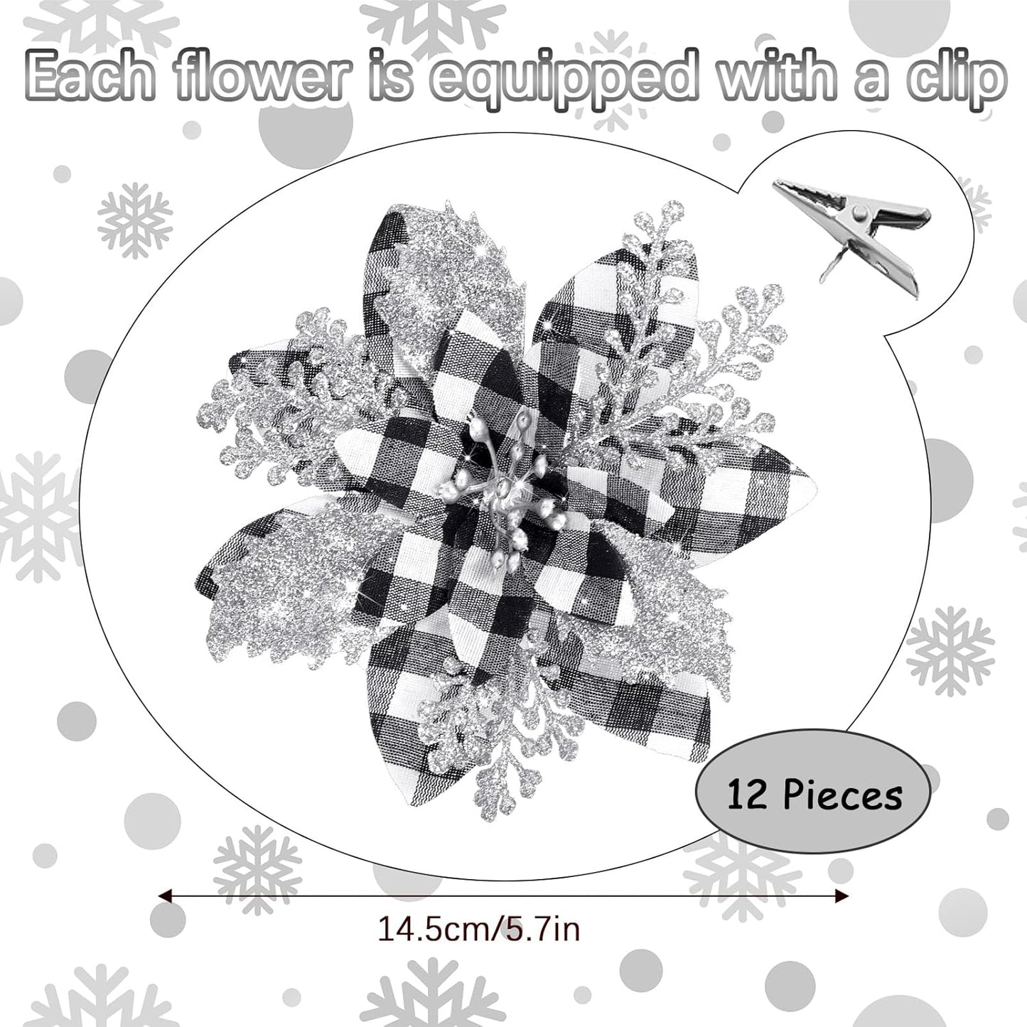 5.7 Inch Artificial Poinsettias Christmas Glitter Flowers with Clips Xmas Tree Flower Ornament Poinsettias Decor 