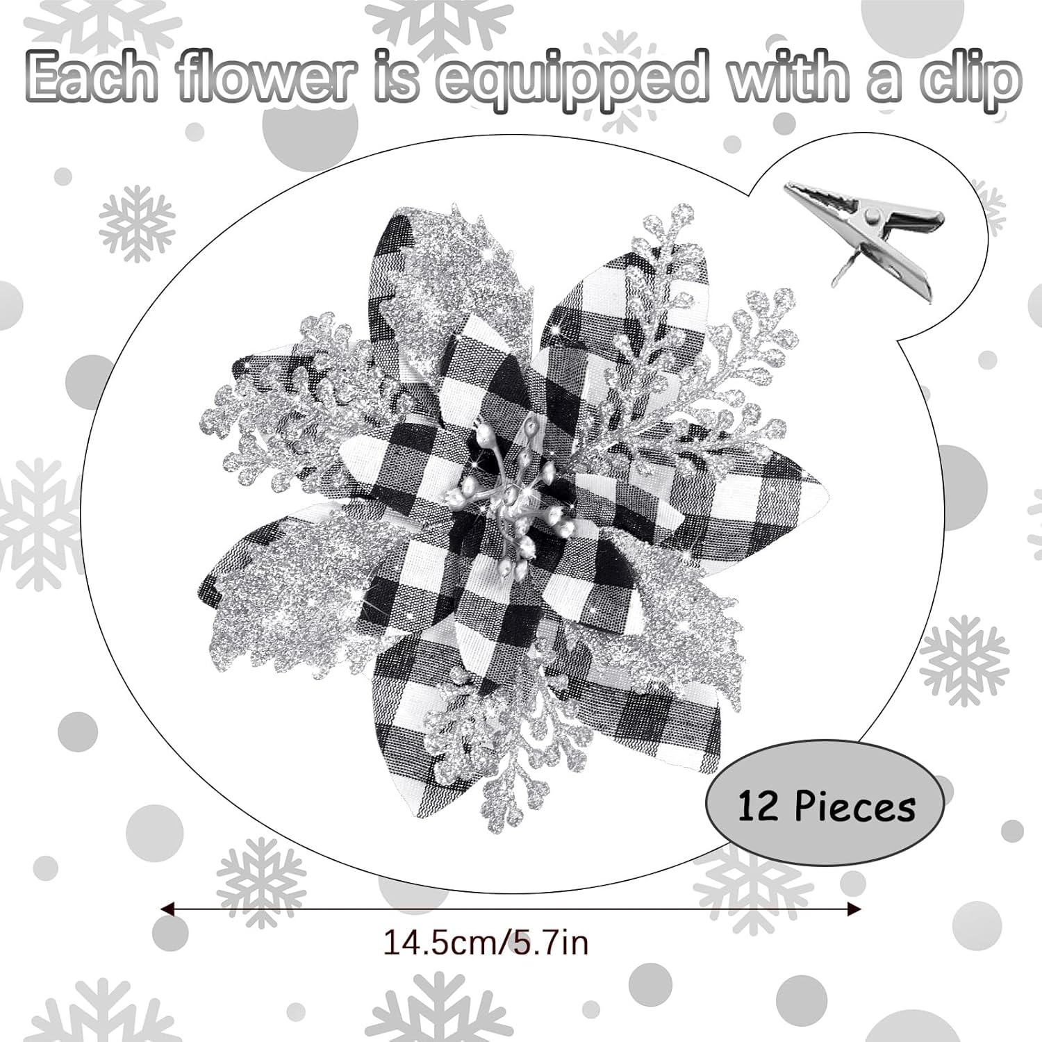 5.7 Inch Artificial Poinsettias Christmas Glitter Flowers with Clips Xmas Tree Flower Ornament Poinsettias Decor 