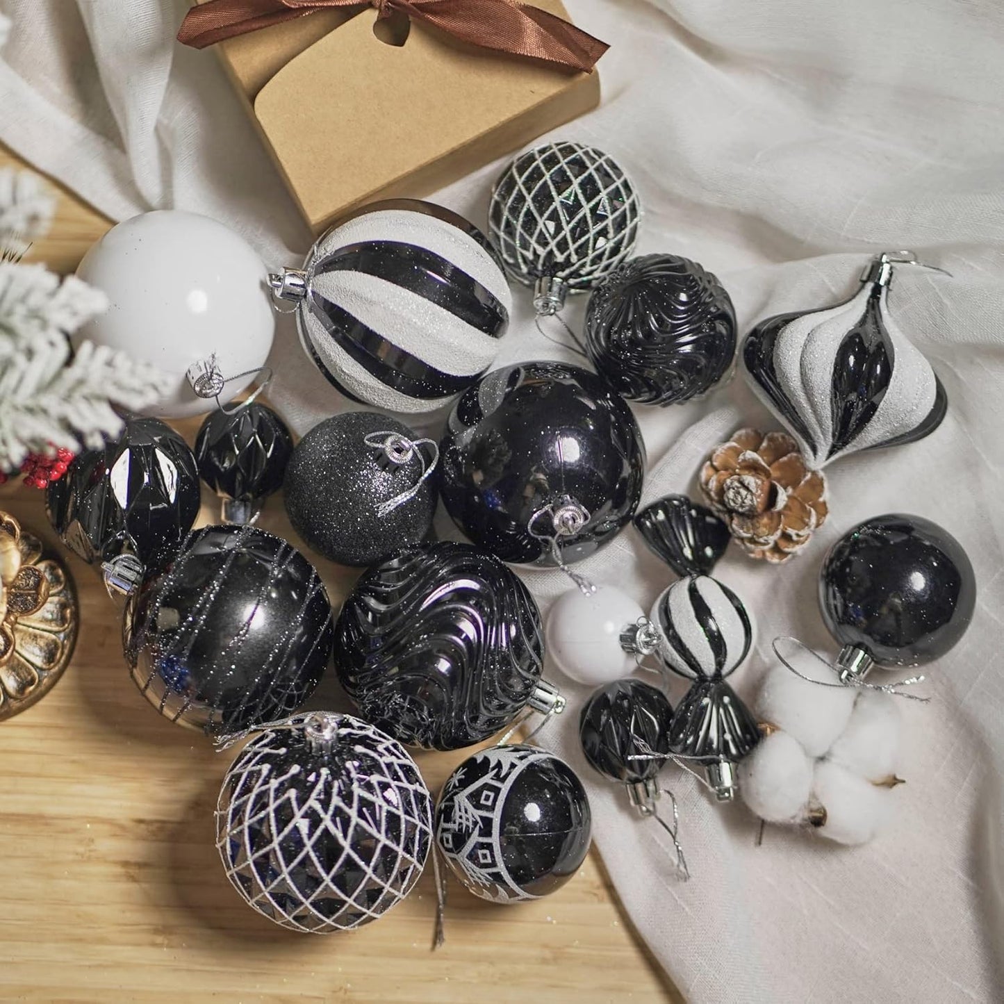 Christmas Ball Ornaments Set Assorted Shatterproof Ornaments 63 PCS Shaped Styles Xmas Tree Holiday Decorative,Black