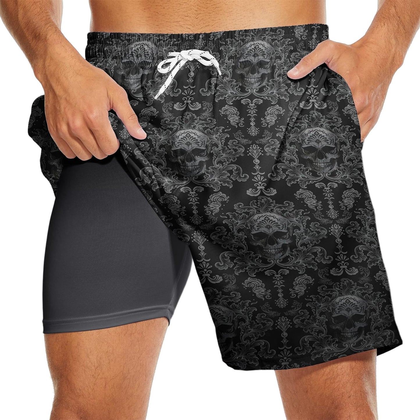 Men'S Swim Trunks with Compression Liner Stretch Beach Board Shorts Drawstring Swimsuit 7 Inch Inseam