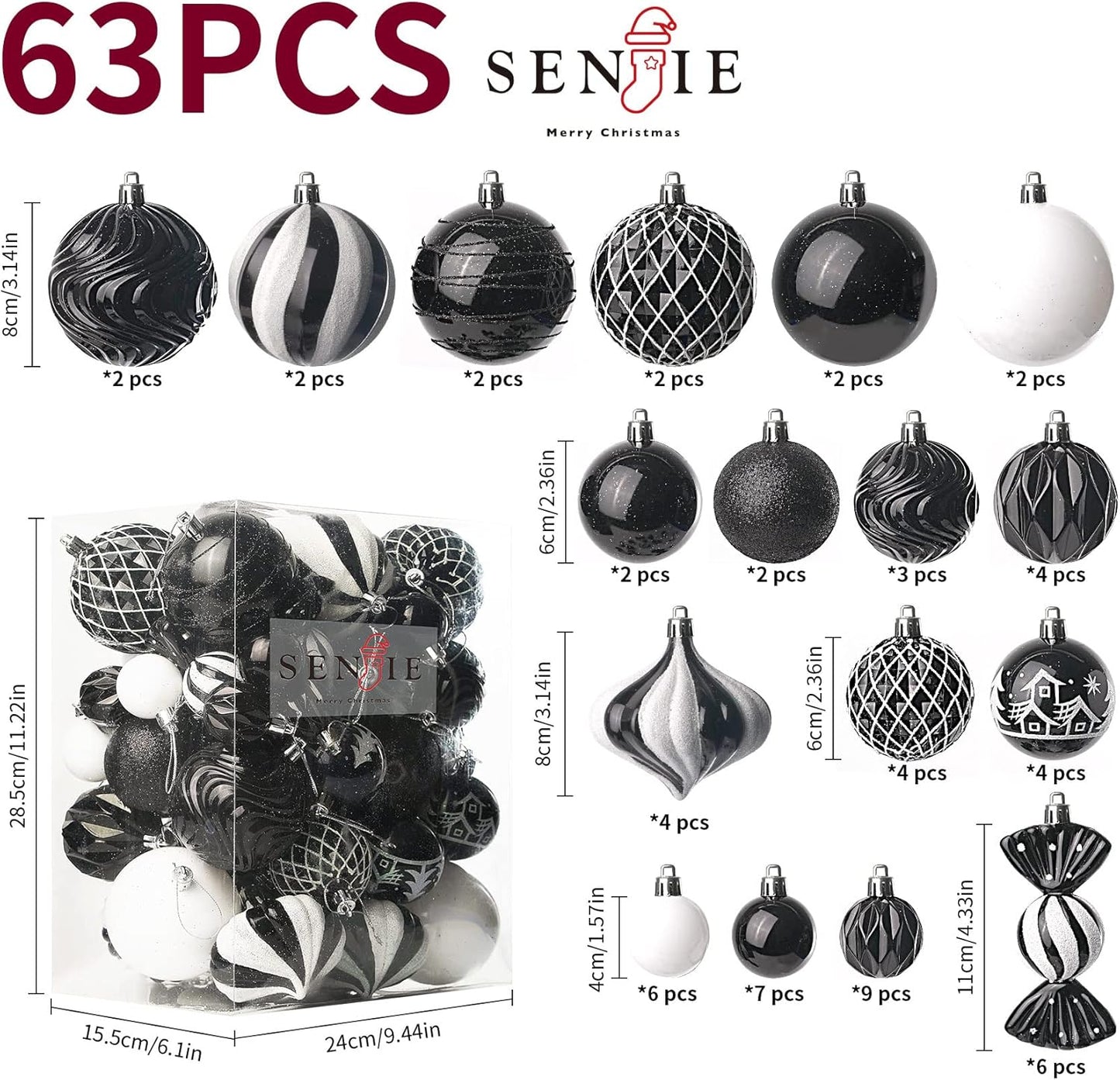 Christmas Ball Ornaments Set Assorted Shatterproof Ornaments 63 PCS Shaped Styles Xmas Tree Holiday Decorative,Black