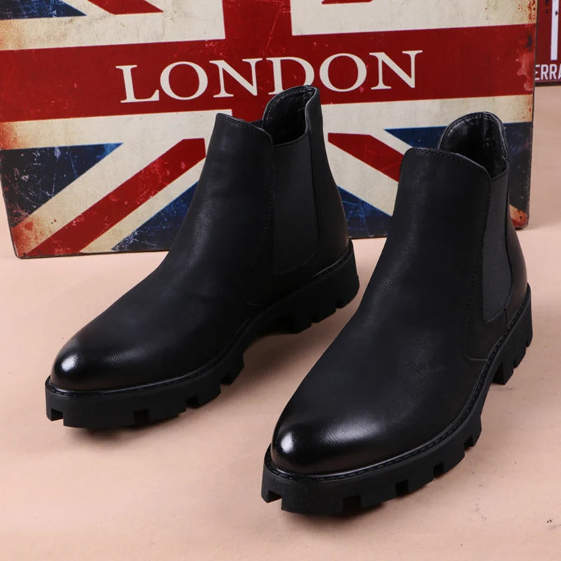 Mens Casual Business Office Formal Dress Chelsea Boots Platform Shoes Genuine Leather Boot Black Ankle Botas Hombre Chaussure