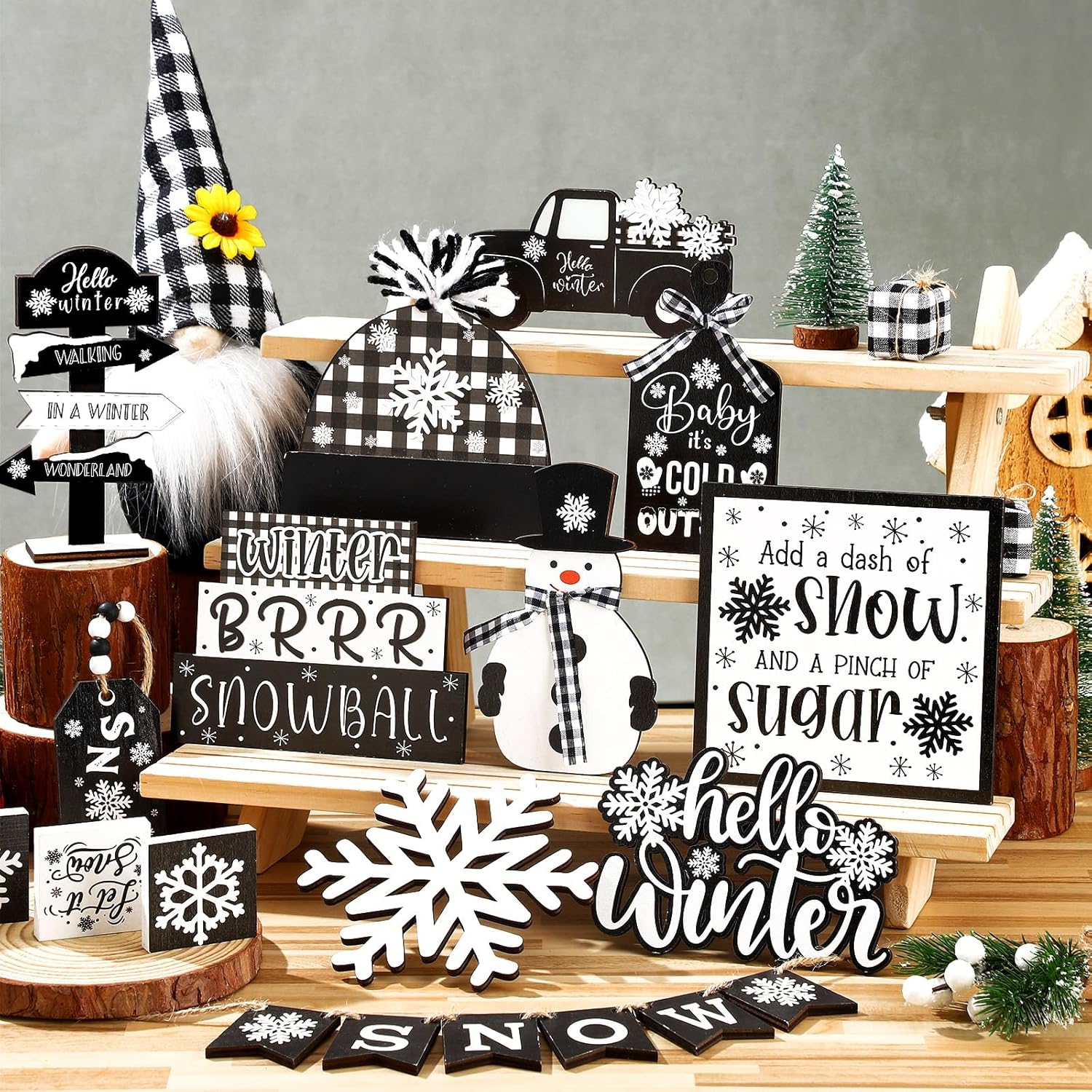 18 Pcs Christmas Tiered Tray Decor Snowman Snowflake Truck Wooden Signs Black and White Buffalo Plaid Christmas Table Decorations Rustic Farmhouse Decor for Home Table Shelf