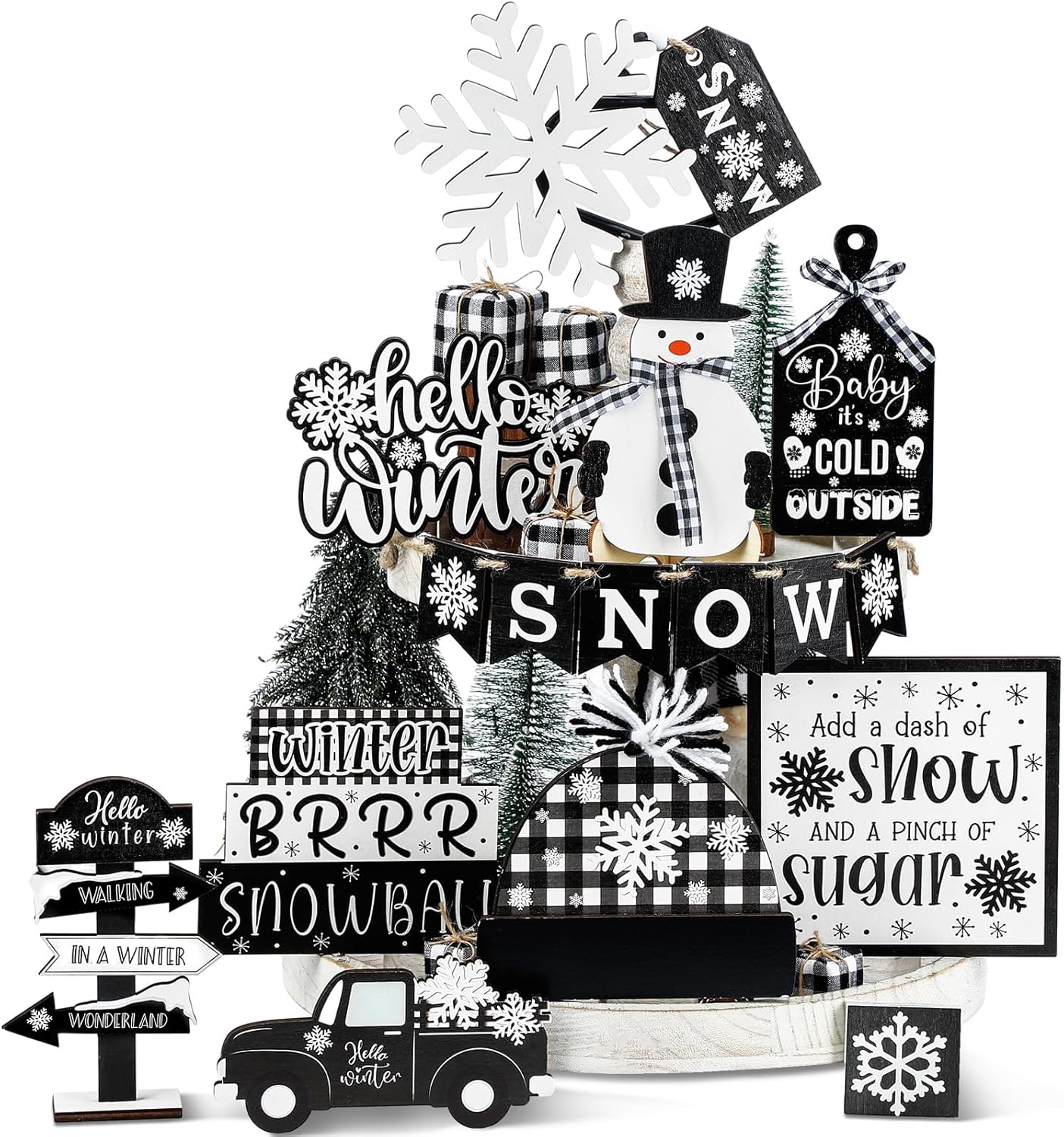 18 Pcs Christmas Tiered Tray Decor Snowman Snowflake Truck Wooden Signs Black and White Buffalo Plaid Christmas Table Decorations Rustic Farmhouse Decor for Home Table Shelf