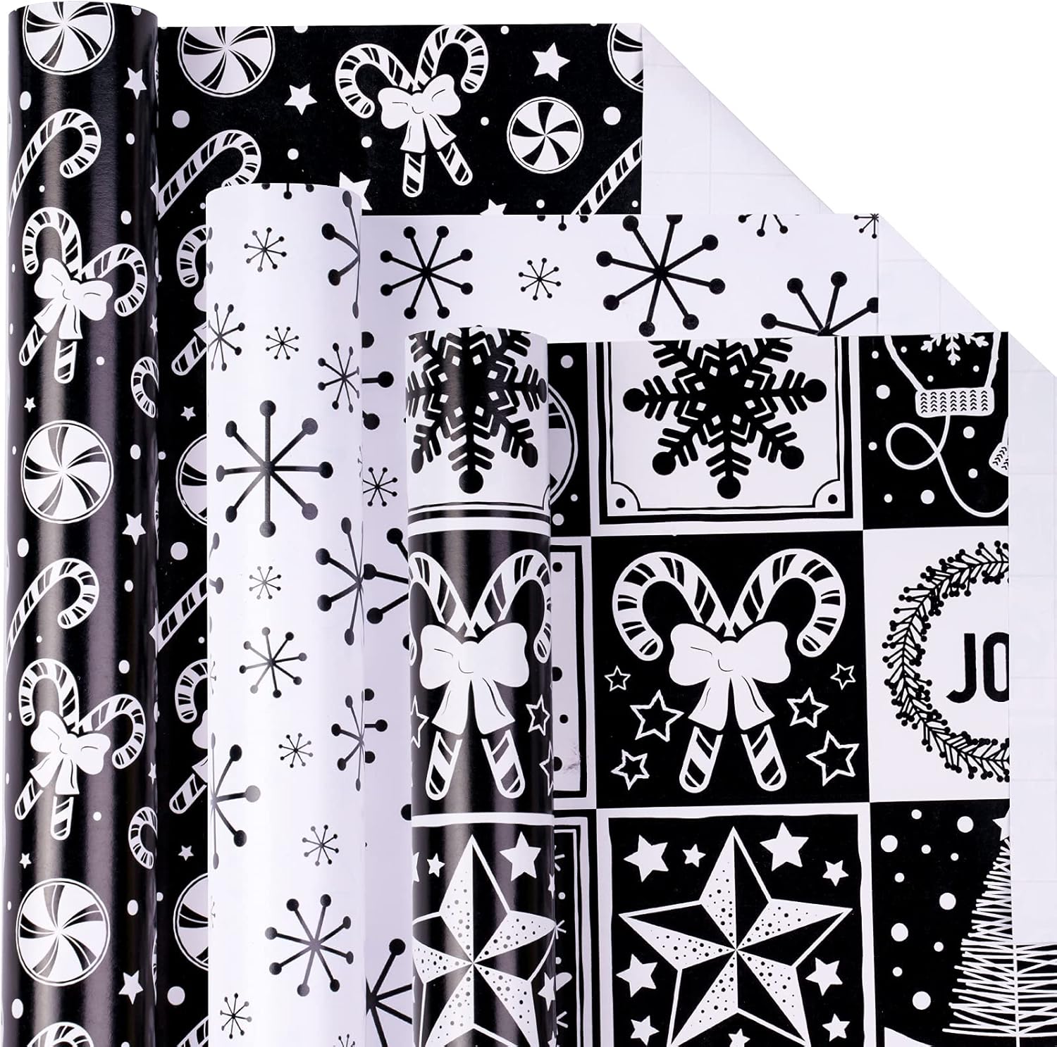 Christmas Wrapping Paper Mini Roll - Bell & Tree/Candy Canes/Snowflakes in Black & White for Gift Wrap, Arts Crafts - 17 X 120 Inches - 3 Rolls (42.5 Sq.Ft.Ttl.)