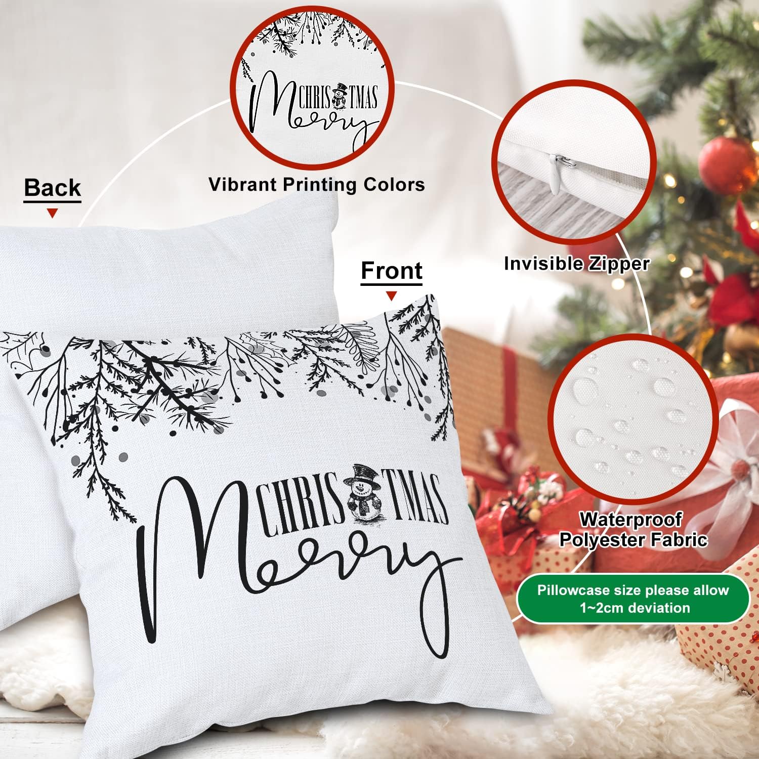 Christmas Throw Pillow Covers 18X18 Set of 4, Decorative Black and White 18 Inch Xmas Holiday Cushion Pillow Cases Home outside Porch Decor Decorations