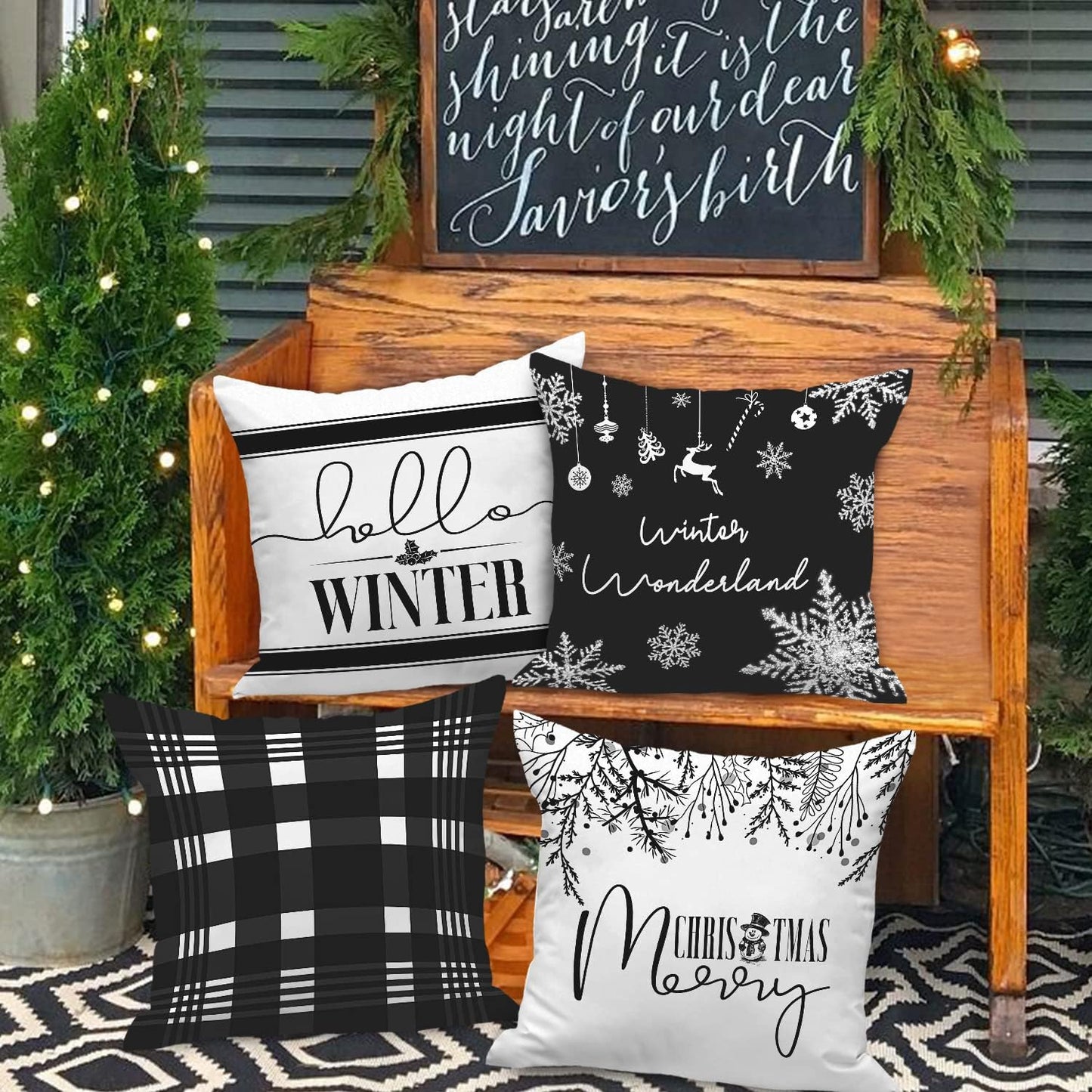 Christmas Throw Pillow Covers 18X18 Set of 4, Decorative Black and White 18 Inch Xmas Holiday Cushion Pillow Cases Home outside Porch Decor Decorations