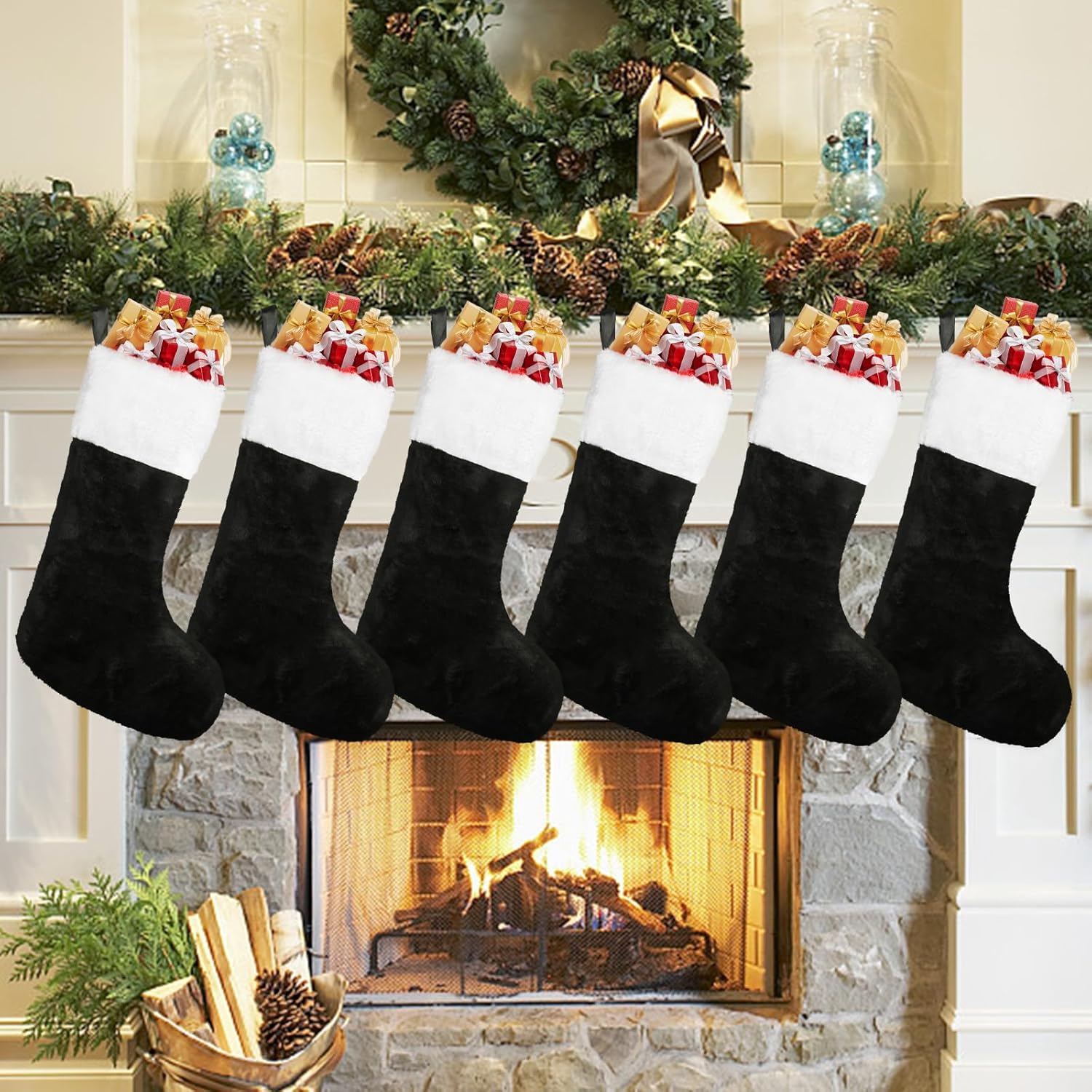 6Pcs Christmas Stockings,18 Inch Black Plush Christmas Hanging Stockings with White Cuff for Fireplace Christmas Tree Home Decoration