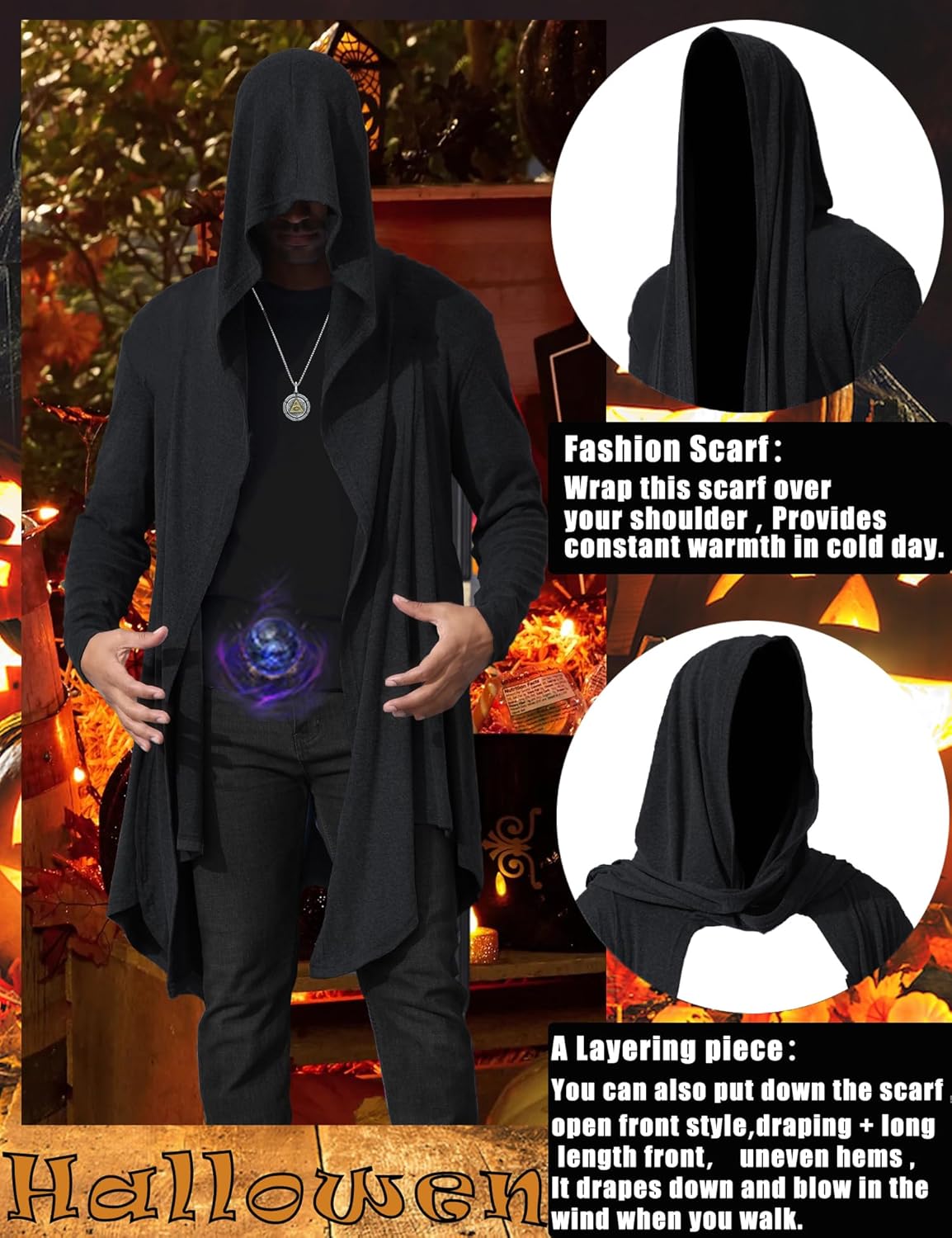 Men's Long Hooded Cardigan Open Front Gothic Lightweight Drape Cape with Pockets