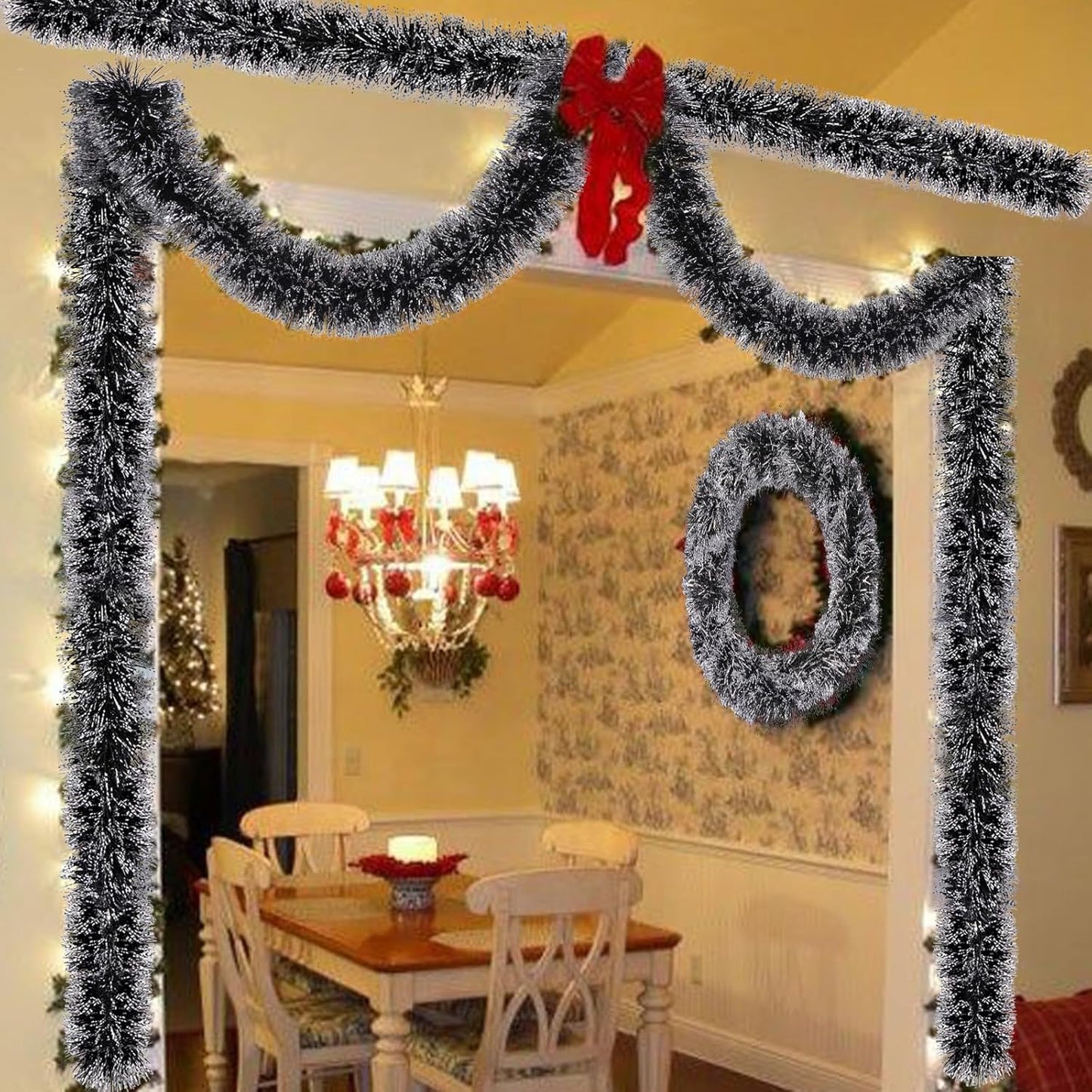 39.4FT Christmas Tinsel Garland Xmas Tree Decorations Black and White Metallic Tinsel Twist Garland Christmas Tree Decorations for Home Indoor Outdoor Holiday Halloween Party