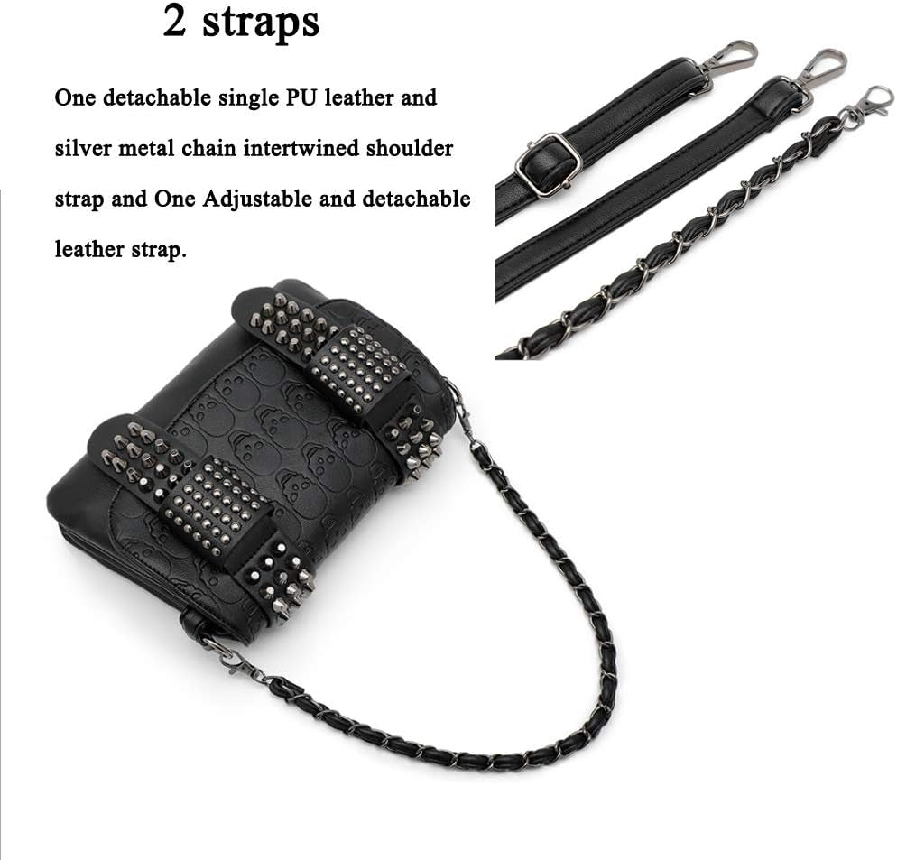 Women Punk Skull Shoulder Top-Handle Bag Goth Rivet Purse Handbag PU Leather Chain Satchel Tote Black