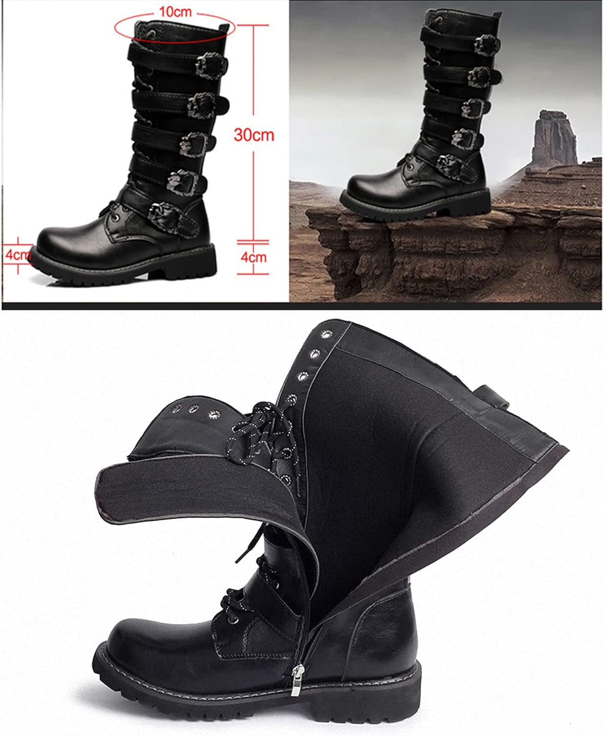 Men'S Leather Motorcycle Long Boots Side Zipper Waterproof Biker Riding Punk Rock round Toe Cowboy Western Tactical Army Boot Black Lace up Men Shoes