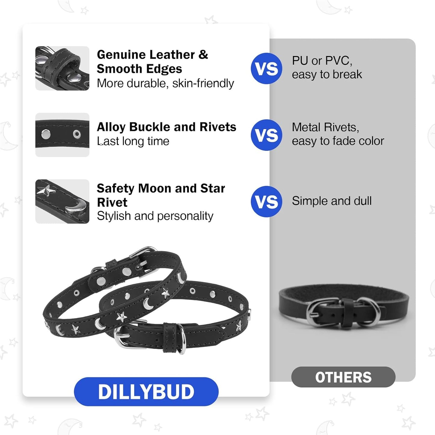 Leather Dog Collar for Puppy Small Medium Dogs, Adjustable Star and Moon Studded Pet Collars with Rust-Proof Metal Buckle and Charms, XS S Dog Collars for Boy and Girls, Size 8-11" Black