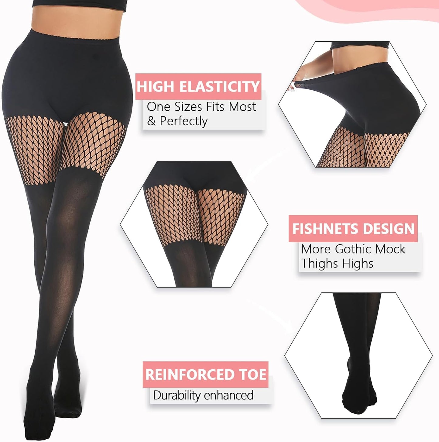 Faux Thigh High Tights Mock Suspender Pantyhose Striped Goth Fishnets Pack of 2