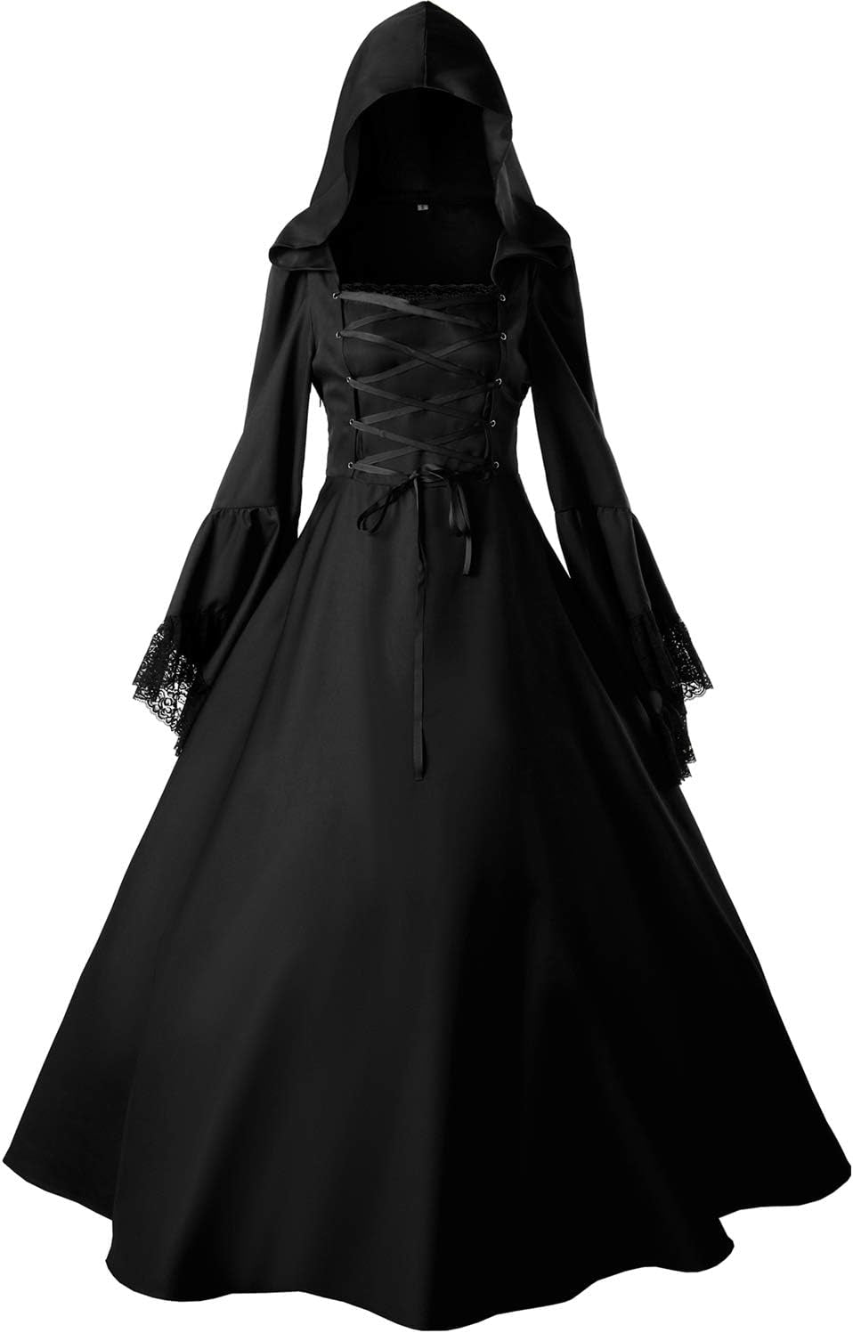 Women’S Black Gothic Hooded Witch Dress Medieval Renaissance Halloween Vampire Cosplay Costume Victorian Ball Gown Dress 2XL