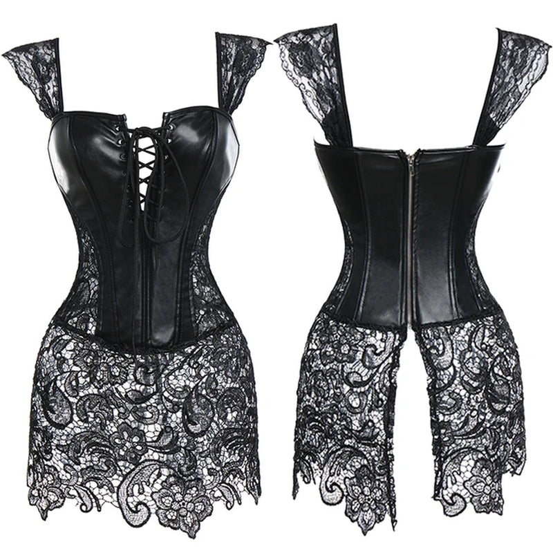 Women Bustiers & Corset Faux Leather Steampunk Corset Dress Lace up Zipper Bustiers Top with Renaissance Skirt Burlesque Costume