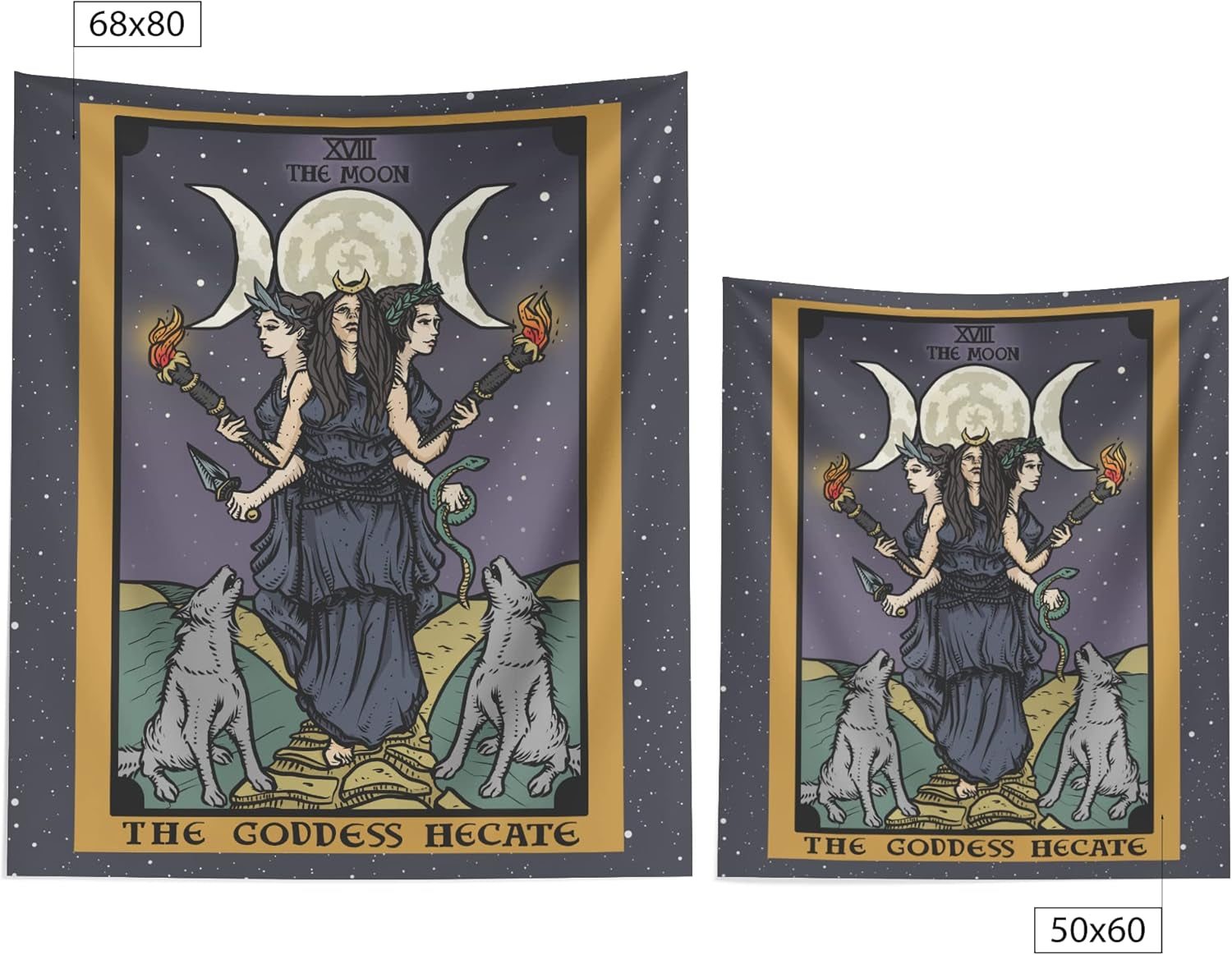 The Goddess Hecate Tarot Card Tapestry - Triple Moon Goddess of Witchcraft Hekate Wheel Pagan Witch Wall Hanging (60" X 50")