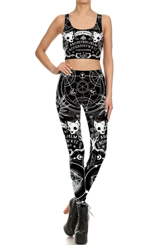 [You'Re My Secret] Ouija Print Sexy Skinny Leggings for Women Croped Tops Set High Waist Gothic Goth Black Color Punk Trousers