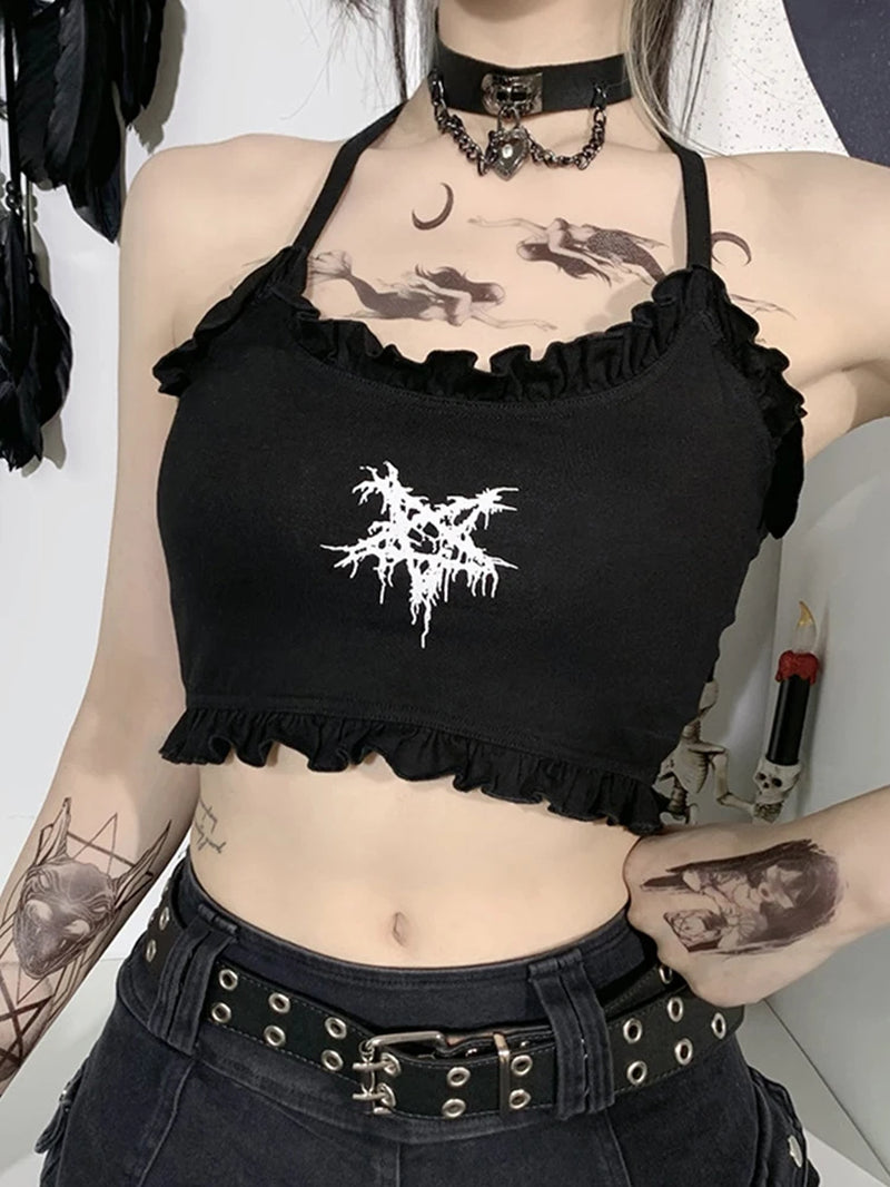 Pastel Goth Sexy Camis Women Aesthetic Y2K Emo Alt Pentagram Printed Strapless Crop Tops Dark Gothic Punk Grunge Vests