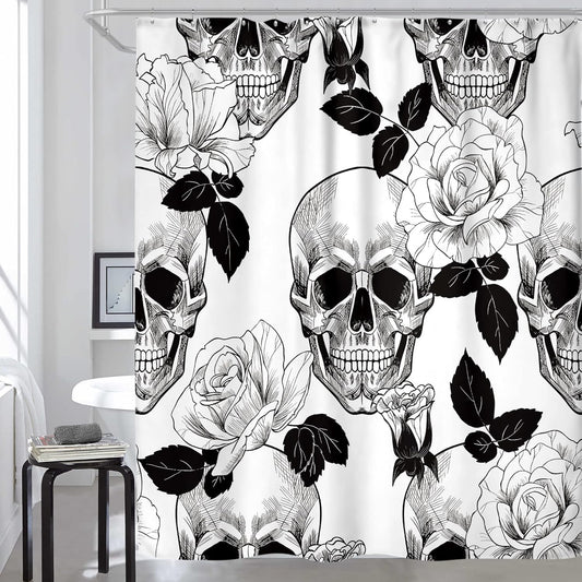 Halloween Skull Shower Curtain Floral Sugar 60Wx72L Inch Black White Gothic Bathroom Decor Goth Rose Skeleton Spooky Men Shower Curtains Flower Fabric Bath Accessories 12 Plastic Hooks