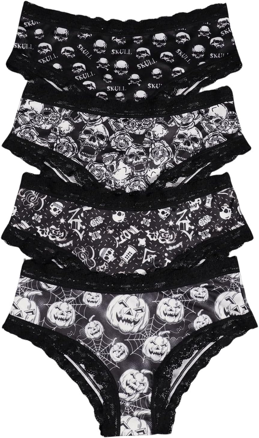 Women'S 4 Pieces Gothic Lace Hipster Panties Set Low Rise Halloween Skull Underwear