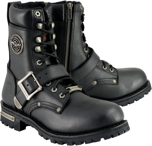 MBM101 Men'S Black Leather Lace-Up Engineer Motorcycle Boots W/Buckles and Side Zipper Entry - 10.5