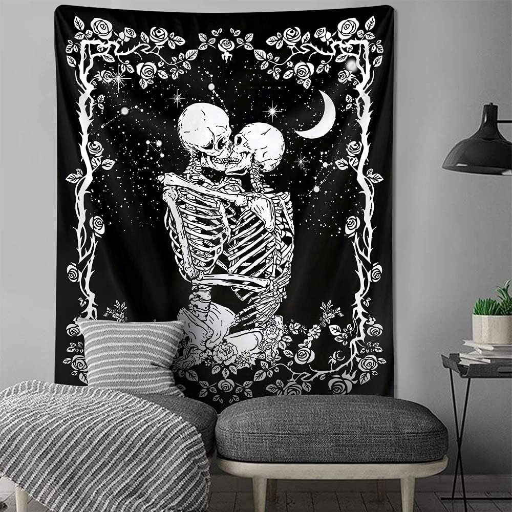 Skull Tapestry for Bedroom Aesthetic Black Skeleton Tapestry Goth Tapestry Halloween Wall Decor Dark Gothic Tapestry Wall Hanging Horror Creepy Spooky Witchy Home Wall Decor 51"X60"