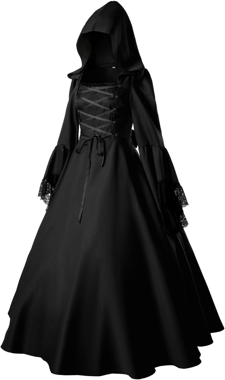 Women’S Black Gothic Hooded Witch Dress Medieval Renaissance Halloween Vampire Cosplay Costume Victorian Ball Gown Dress 2XL